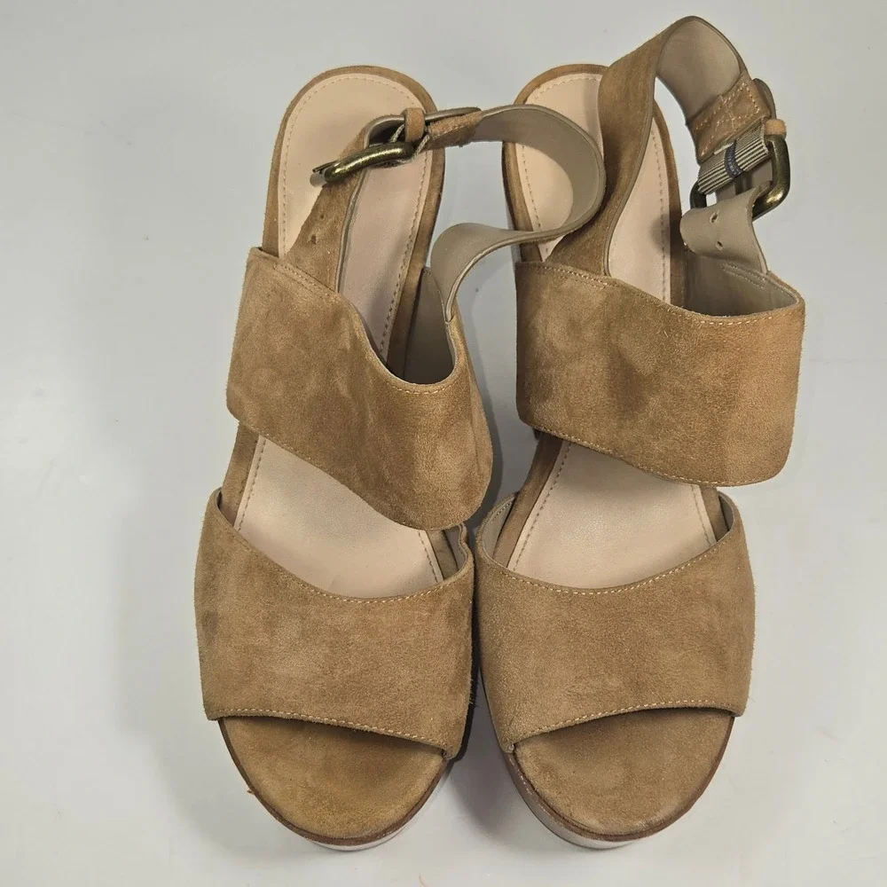 Aldo Tan Suede Platform Sandals Wood Grain Block‎ Heel Womens 7.5 Brass Buckle